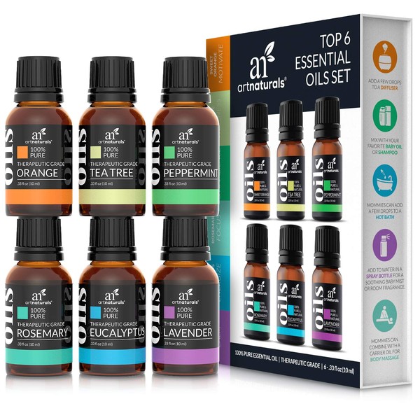 artnaturals Aromatherapy Top-6 Essential Oil Set - (6 x 10ml Bottles) - 100% Pure of The Highest Therapeutic Grade Quality - Premium Gift Set – Lavender, Peppermint, Tea Tree, Eucalyptus