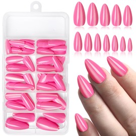 Bellelfin Pink Press on Nails Almond Medium Length, Full Cover Cat Eye Press on Fake Nails Glossy Acrylic Almond Shape Glue Nails for Women Girls, 120Pcs