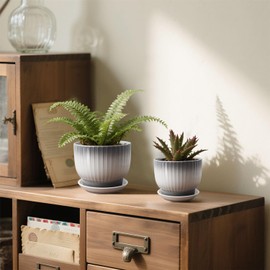 YUFDA 6.7 + 5.5 Inch Ceramic Plant Pots,Planters with Drainage and Saucer,Indoor Pots for Plants,Modern Flower Pots for Home and Office（Gray + White）