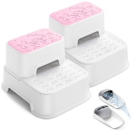 MangoHood 2 Step Stools for Kids - Double up Toddlers Multifunctional Toilet Step Stool for Kids, Anti-Slip Step Stool for Bathroom Sink, Potty Training, Kitchen (Pink-2Packs)
