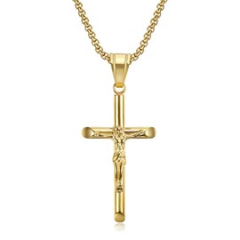 MOOSKI Men's Cross Necklace Jesus Christ Crucifix Gold Silver Plated stainless steel Pendant Necklace Rolo Chain 24" (Gold)