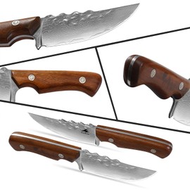 HAZMUSS Damascus Utility Knife with Sheath - Kitchen Knife - 3.8" Damascus Steel Blade with Ergonomic Wooden Handle, Full Tang for Outdoors & Kitchen