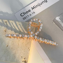 Xansema Metal Hair Claw Clip for Thick Thin Hair, Large Rhinestone Pearl Hair Claw Clip for Women Girls, Fashion Hair Claws Clip Jaw Clamps Hair Accessories for Wedding Party (Pearl Rhinestone)