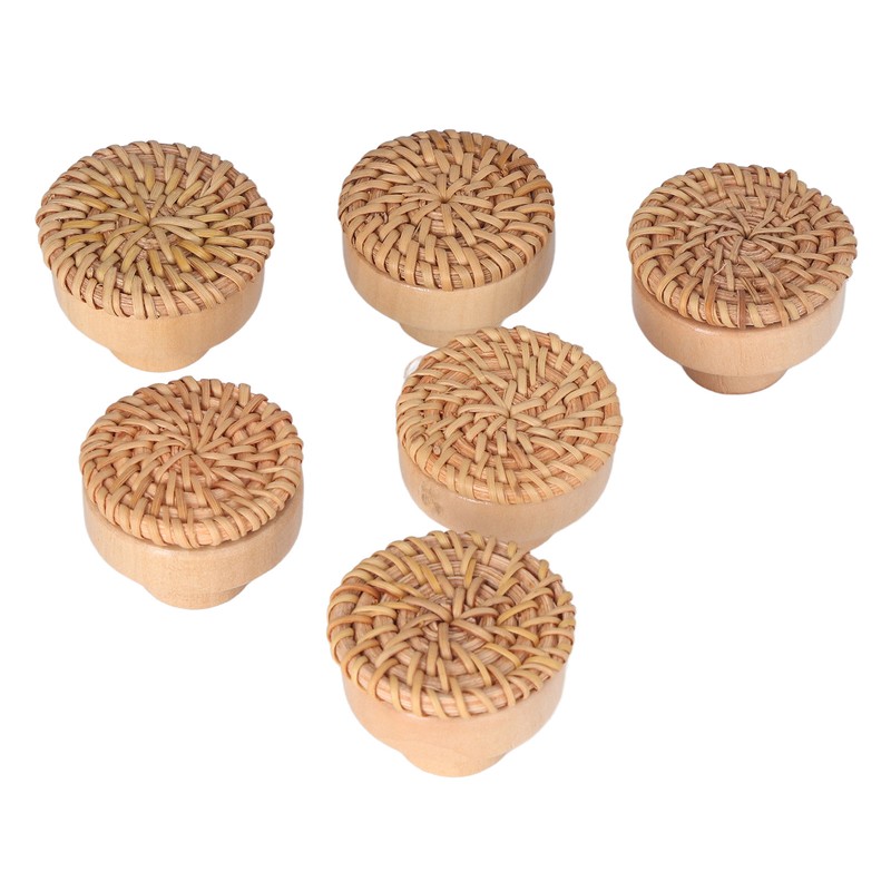 6pcs Round Drawer Knobs Wood Rattan Woven Handmade Drawer Pulls