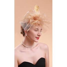 Cizoe Fascinators Hats for Tea Party Womens 50s Headwear with Veil Flower Cocktail Wedding Church Derby Hat(Gold)