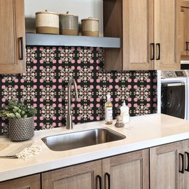 AMAZINGWALL Black Tile Stickers-Lokelani Rose Peel and Stick Vinyl Decals for Walls,Floors,Furniture Waterproof Removable Backsplash 8x8/pcs 24PCS