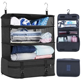 Aomiduo Portable Hanging Travel Shelves with Toiletry Bag Set, OUMEDUO Premium Durable Oxford Packing Cubes for Suitcases Hanging Carry on Closet Luggage Organizers for Travel