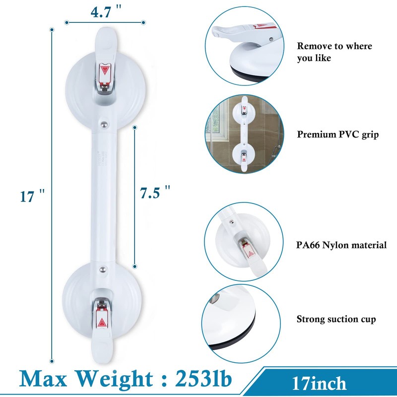 HEINSY 17inch Suction Shower Grab Bar, Portable Shower Handle Bar