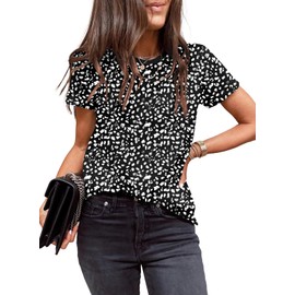 EVALESS Womens Elegant Polka Dot Tops Crewneck Short Sleeve T Shirts Fashion 2026 Spring Summer Loose Fit Shirts Black Large