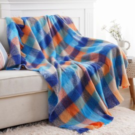 Battilo Plaid Throw Blanket for Couch Bed, Blue Mohair Tartan Plaid Blanket, Farmhouse Style Checkered Pattern, Soft Cashmere Colorful Throw Blankets for Fall Home Decor(50"x60")