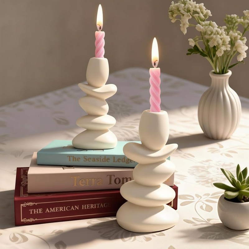 Faux Pebble Candlestick Holders Set of 2, Modern Candle Stick