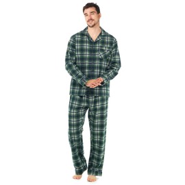 i-Smalls Men's Flannel Pyjamas 100% Cotton Long Sleeve Check PJs Button Through Night Lounge Set (L) Green