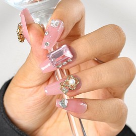 Sethexy Long Coffin Pink False Nails Handmade Rhinestone Glitter Luxury Fake Nails 3D Love Heart Crystal Pearl Press On Nails Glossy Acrylic Salon Quality Nail Art Removable for Women and Girls(B)