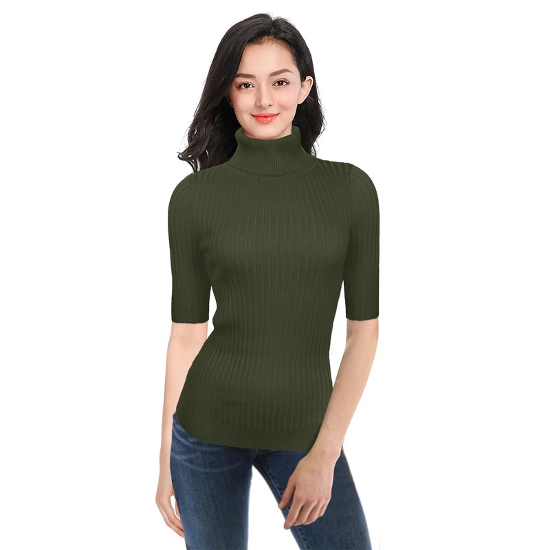 v28 Women Turtleneck 1/2 Half Sleeve Highly Stretchy Ribbed Knit
