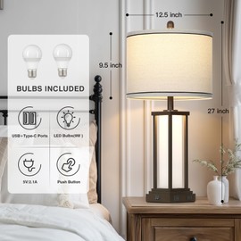 luxeflow 27in Tall Farmhouse Table Lamp Set of 2 with USB C+A & Outlet,Brown Industrial End Table Lamp for Living Room,Vintage Rustic Bedside Lamps with Night Light for Bedroom Nightstand,Brown