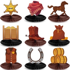 Chinco 9 Pieces Cowboy Western Party Decorations Wild West Cowboy Honeycomb Centerpieces for Tables Wild West Party Decorations for Birthday Baby Shower Supplies