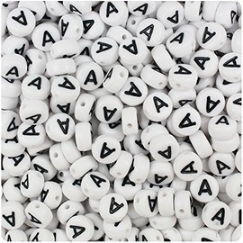 BeadTin White Opaque 7mm Coin Plastic Alphabet Beads - Black Letter A (100pcs)
