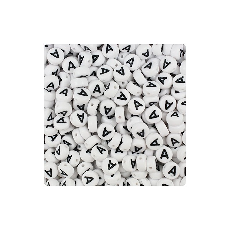 BeadTin White Opaque 7mm Coin Plastic Alphabet Beads - Black