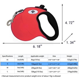 CROWN PAWS 13 ft Retractable Dog Leash for Large Dogs up to 26 lbs,Tangle-Free Nylon Tape,Red Dan S