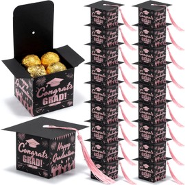 KPOSIYA Graduation Cap Gift Boxes with Tassel, 32pcs Class of 2025 Graduation Party Favors Candy Boxes, Small Treat Box for 2025 Grad Table Centerpieces Decorations（Rose Gold,Black）