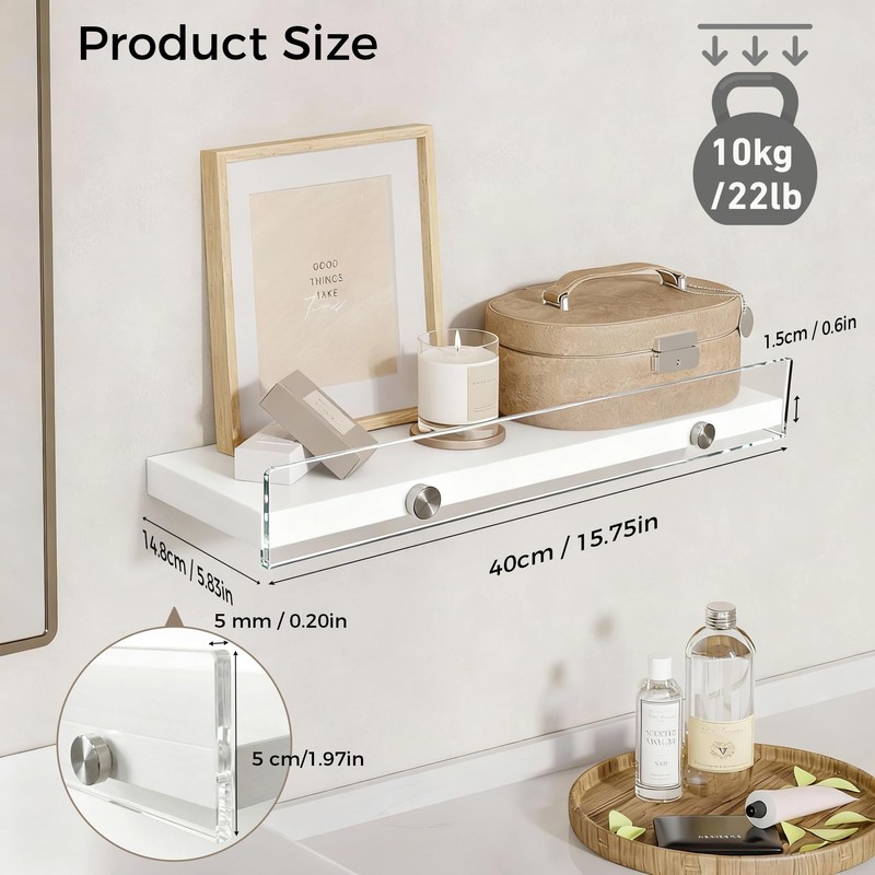 3-Pack Floating Shelves with Acrylic Anti-Fall Lip, Modern Wall Mounted