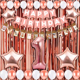 Party Propz First Birthday Decorations for Girl - 63 Pcs Rose Gold Balloons for 1st Birthday Party Decorations | Pink Happy Birthday Banner | Rose Gold Backdrop Curtain | First Birthday Decoration Kit