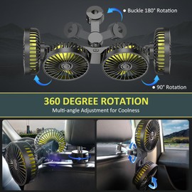 D-Lumina - Ventiladores eléctricos automotrices para asiento trasero para niños, ventilador de refrigeración con amplificador USB de doble cabeza, reposacabezas giratorio de 360 grados, ventilador