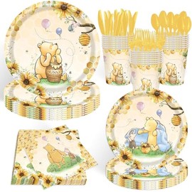 140pcs Classic Bear Baby Shower Decorations Baby Shower Party Tableware with Plates, Napkin, Forks, Cups for Birthday Party Supplies Set Serves 20 Guests (Yellow)