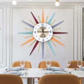 22 inch Modern Sunburst Clock in Multicolor,3D Hollow Large Wall Clock Metal Decorative,Mid Century Silent Non-Ticking Big Clocks, Modern Home Decorations for Home,Living Room,Office and Bedroom
