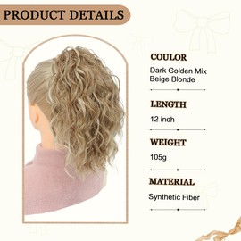 VEGALILY 12 inch Hair Extensions Clip in Blonde Ponytail Extension Short Curly Claw Clip Ponytail Hair Extensions Synthetic Drawstring Ponytail Hair Pieces for Women for Daily Use