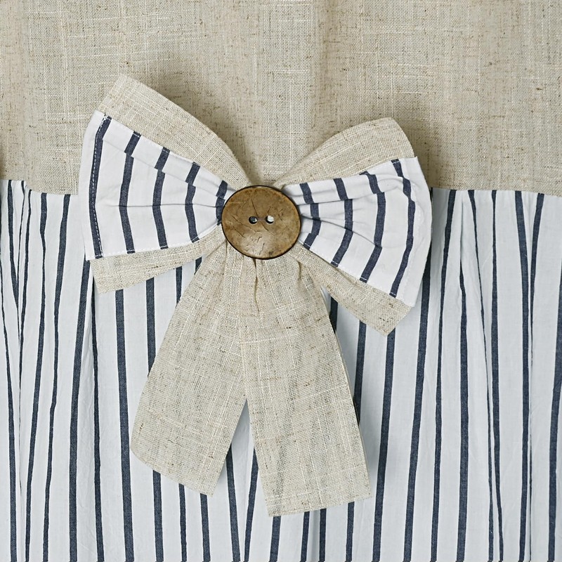 Linen Button Farmhouse Beige Shower Curtain,Bowknot,Linen and Cotton Woven Fabric,Pleated