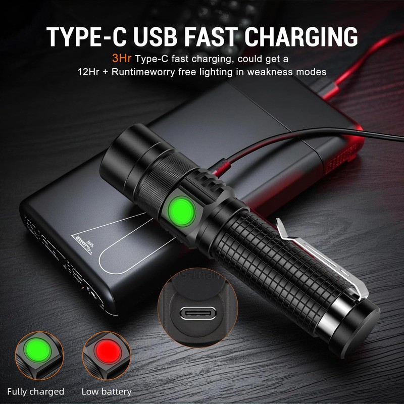 LED Tactical Flashlight Rechargeable - One Click SOS, Super Bright