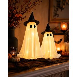 LED Witch Hat Ghost Figurines for Halloween Decor – 2-Piece Light-Up Table Centerpiece for Mantel, Dining & Party Displays