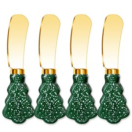 Christmas Tree Spreader Knife Set, Gold Stainless Steel Butter Knives, Holiday Serving Utensils for Cheese Jam, Gift for Home Bakers, 4-Piece