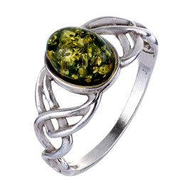 Sterling Silver and Baltic Green Amber Ring Celtic Knots Size: 8.5