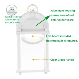 LIT-PaTH Small Outdoor LED Wall Lantern with Dusk to Dawn Photocell, 3000K Warm White, 9.5W, 800 Lumen, Aluminum Housing Plus Glass, Outdoor Rated, 1-Pack, White
