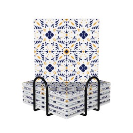 Coasters Set of 6, Coasters for Drinks Absorbent Stone with Holder, Blue and White Ceramic Drink Coaster for Tabletop Protection, Coffee Table Decor Ideal for Home Decor House Warming Gifts