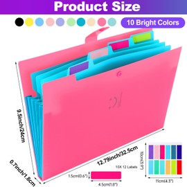 Tivcck 10 Pack Expanding File Folders,A4 Letter Size Accordion Document Organizer,Expandable File Folder with Snap Closure,Accordion Folder with 5 Pockets,120 Labels for School Office,12 Colors