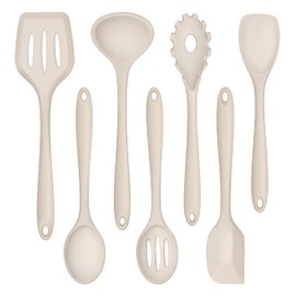 TeamFar Silicone Cooking Utensils, 7 PCS Heat Proof Kitchen Utensils Set, Kitchen Tools Spatula Turner Ladle Spoon Pasta Fork for Nonstick Cookware, Non-Toxic & Dishwasher Safe, Khaki