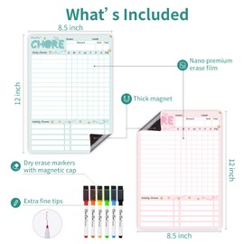Magnetic Dry Erase Chore Chart - 8.5"x12" Behavior Responsibility Chore Board for Kids, Teenagers - 6 Extra Fine Point Markers Included - Shipped Flat 2 Pcs Blue & Pink