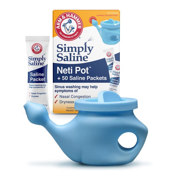 GuruNanda Arm & Hammer Neti Pot with 50 Salt Packets, Nasal Rinse Kit for Sinus Wash, Helps Relieve Nasal Congestion & Irritation, Allergy Relief, & Dryness, BPA-Free, Adults & Kids, Blue(240 ml)
