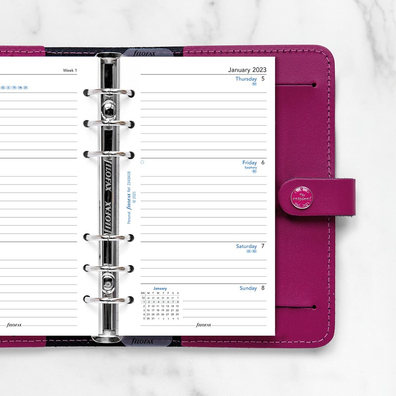 Filofax Refill, Personal/Compact Size, Week-to-View, White Paper, Ruled, English, 2023