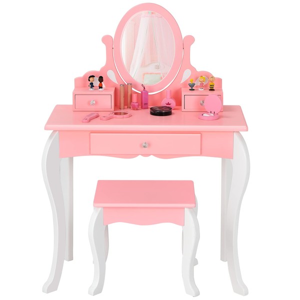 COSTWAY Kids Dressing Table and Stool Set, Girls Vanity Table with 360° Rotating Mirror, Detachable Top & 3 Drawers, Cute Make Up Pretend Dresser Desk for Toddlers