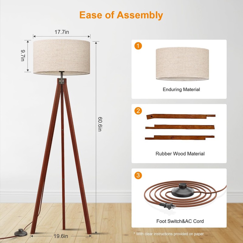 LEPOWER Wood Tripod Floor Lamp, Mid Century Standing Lamp, Modern