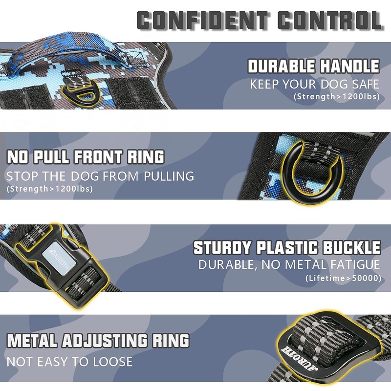 Auroth Tactical Anti Pull Dog Harness, Adjustable, Breathable, Reflective, Military