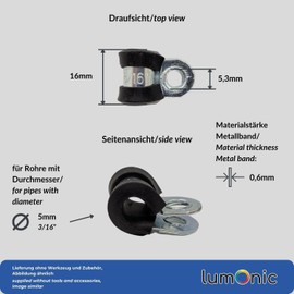 Lumonic 10 x 5 mm pipe clamps with rubber insert, cable clamps for screwing, hose clamp 5 mm, pipe clamps, mounting clamp 5 mm, pipe holder