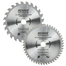 (PACK OF 2) 165mm x 20mm Bore x 24T & 48T TCT Cordless Circular Wood Saw Blades Includes 16mm Reduction Rings. Fits Bosch Makita Ryobi Dewalt DC390, DWE007, DCS391, DC391N Circular Saws etc, Thin Kerf