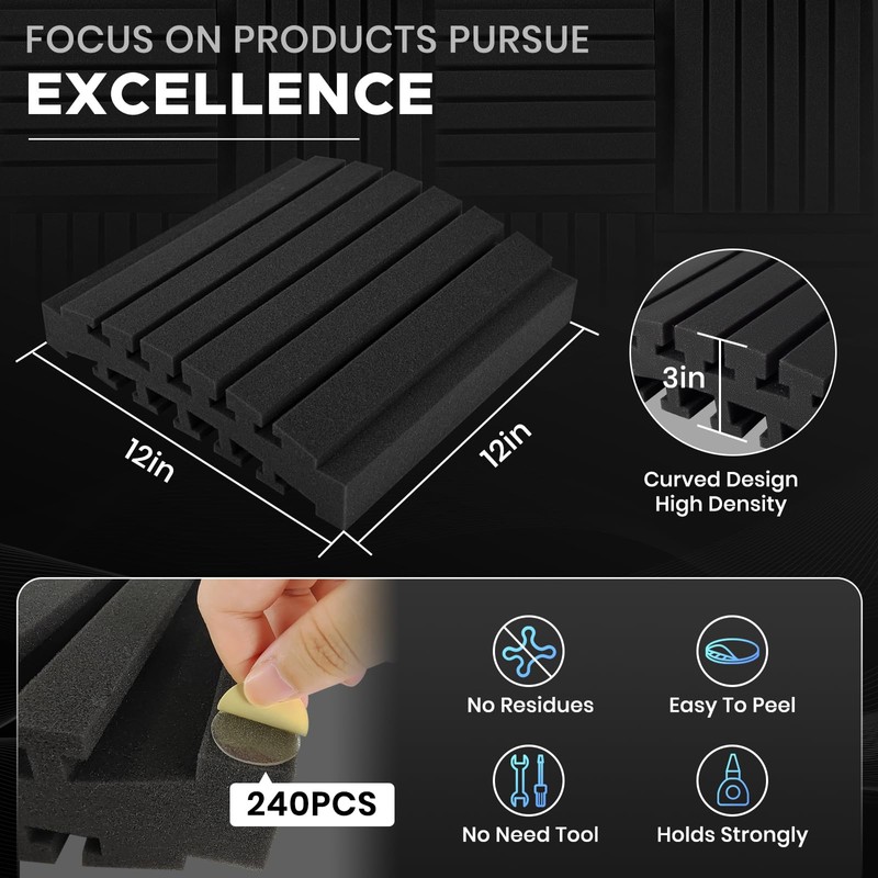 Focusound 36 Pack Curved Acoustic Foam Panels 3" x 12"