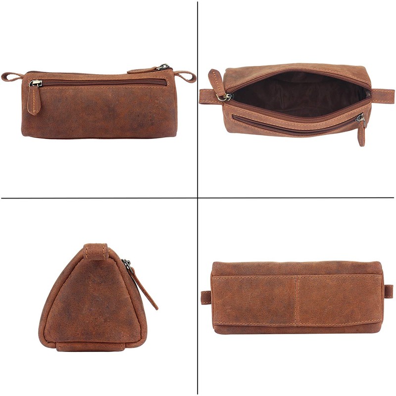 Rustic Town Leather Pencil Case - Zippered Pen Holder Pouch