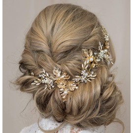 Kercisbeauty Gold Flower Leaf Vintage Headband Rhinestones Pearl Hair Vine Bridal Tiara Rustic Wedding Headpiece for Brides Women Dancing Ball Handmade Jewellery